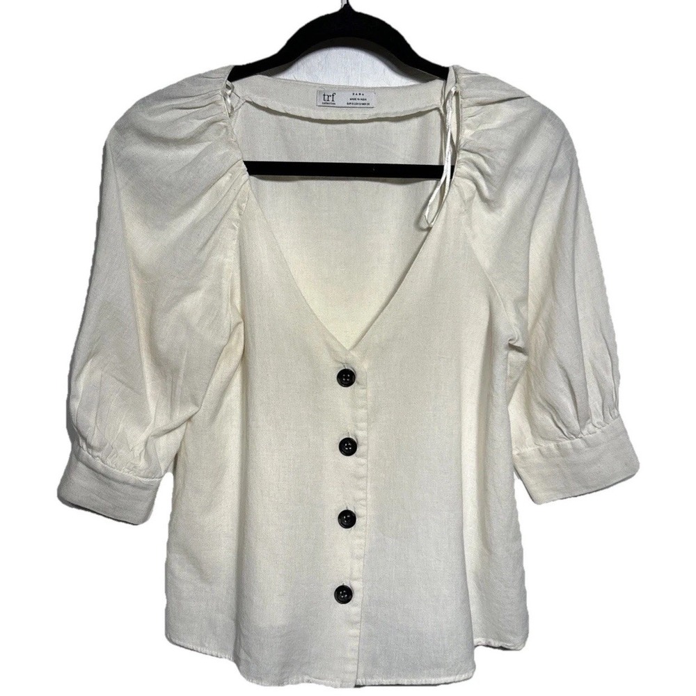 TRF Zara Blouse Ivory Cotton Linen Blend Puff Sleeve Women's Size Small‎
